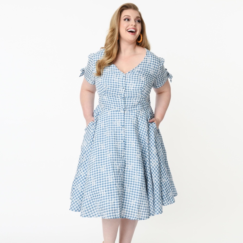 Magnolia Place Plus Size Blue Gingham Eyelet Eleanor Swing Dress - 4X
